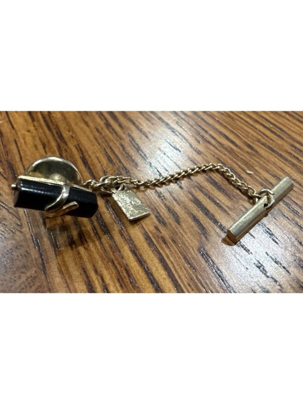 EMMONS Men's Tie Tack with Chain & Hang Tag Gold Tone Black Vtg Cylinder Bar